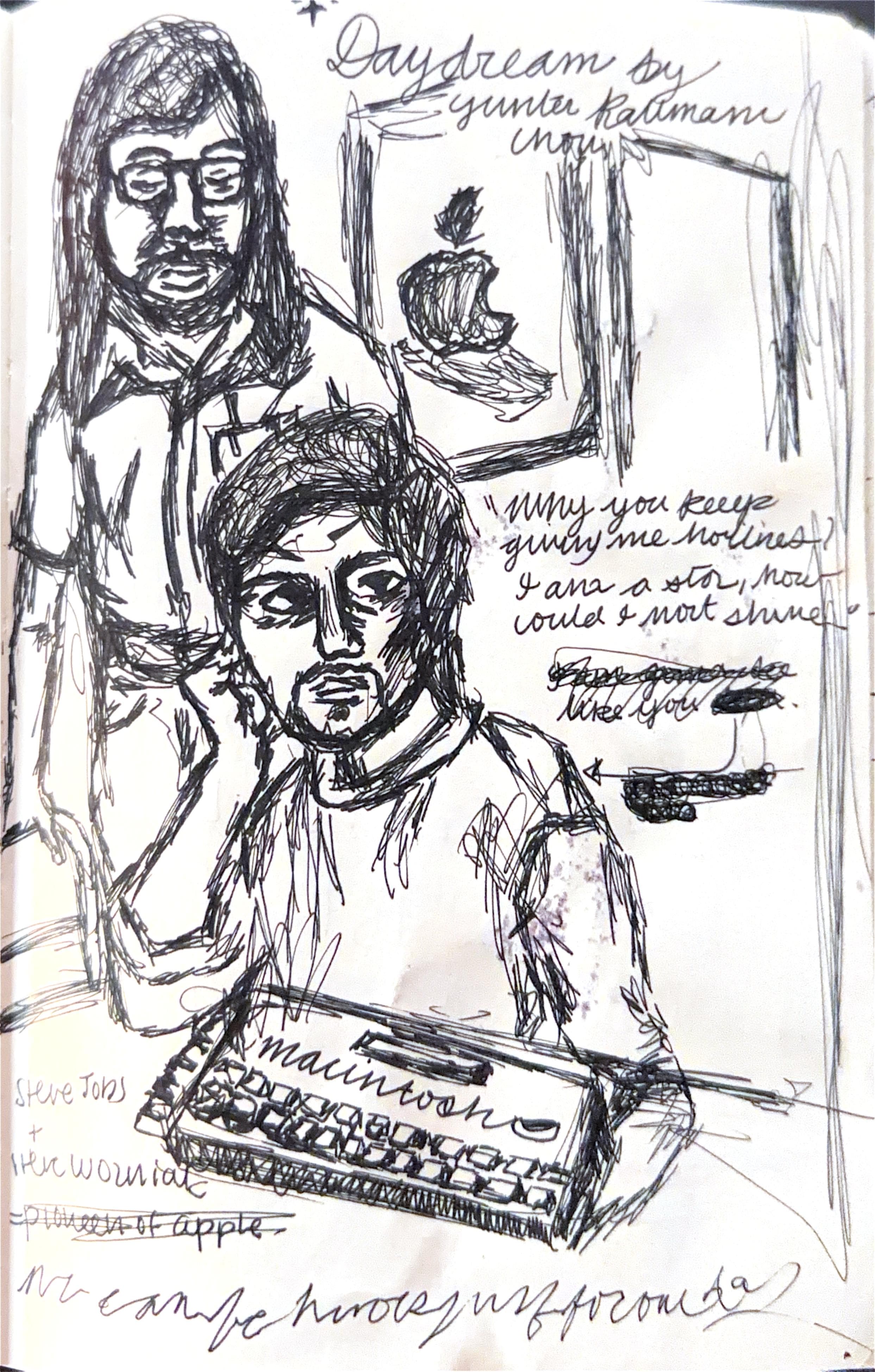 Notebook doodles of two men, a computer, an Apple logo, and handwritten notes