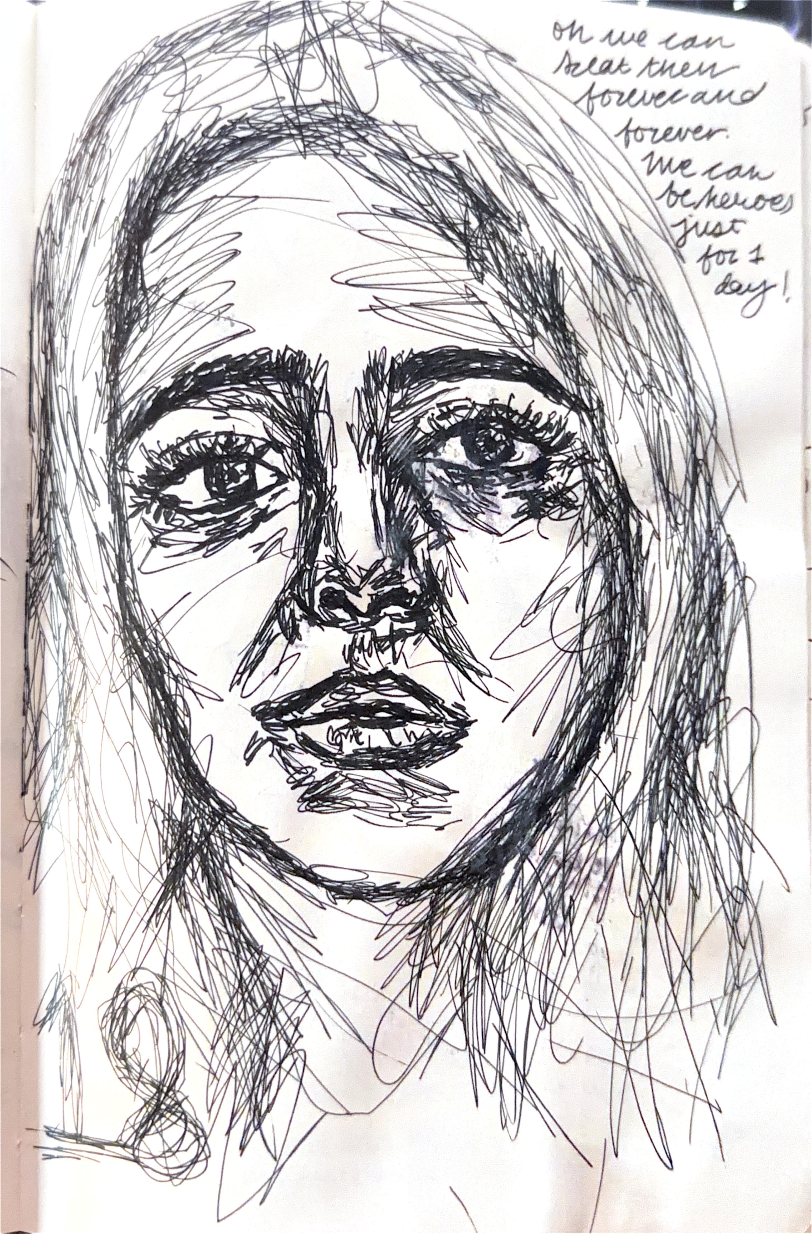 Close pen portrait of a woman surrounded by handwritten notes